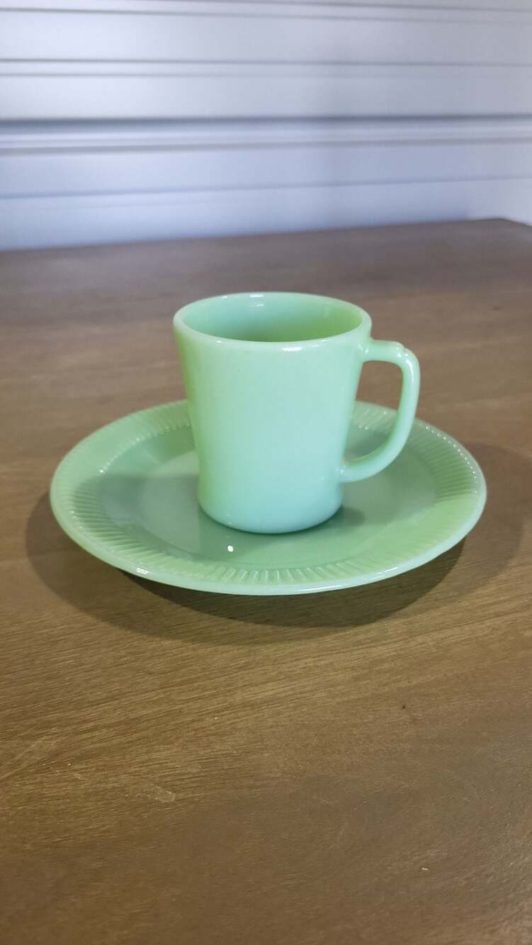 Fire-King Jadeite D-Handle Mug and Jane Ray Saucer Set